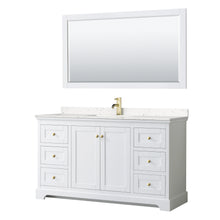Load image into Gallery viewer, Wyndham Avery 60 Inch Single Bathroom Vanity in White, Light-Vein Carrara Cultured Marble Countertop, Undermount Square Sink, 58 Inch Mirror, Brushed Gold Trim- Wyndham