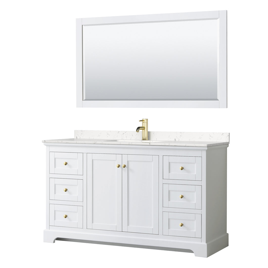 Wyndham Avery 60 Inch Single Bathroom Vanity in White, Light-Vein Carrara Cultured Marble Countertop, Undermount Square Sink, 58 Inch Mirror, Brushed Gold Trim- Wyndham