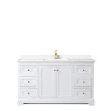 Load image into Gallery viewer, Wyndham Avery 60 Inch Single Bathroom Vanity in White, Light-Vein Carrara Cultured Marble Countertop, Undermount Square Sink, Brushed Gold Trim- Wyndham