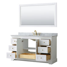 Load image into Gallery viewer, Wyndham Avery 60 Inch Single Bathroom Vanity in White, White Carrara Marble Countertop, Undermount Oval Sink, 58 Inch Mirror, Brushed Gold Trim- Wyndham