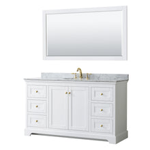 Load image into Gallery viewer, Wyndham Avery 60 Inch Single Bathroom Vanity in White, White Carrara Marble Countertop, Undermount Oval Sink, 58 Inch Mirror, Brushed Gold Trim- Wyndham