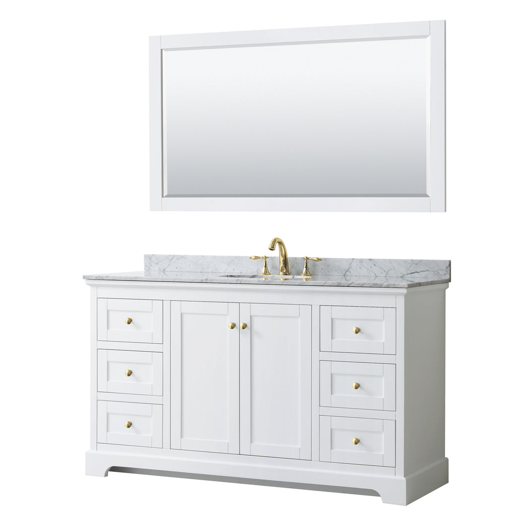 Wyndham Avery 60 Inch Single Bathroom Vanity in White, White Carrara Marble Countertop, Undermount Oval Sink, 58 Inch Mirror, Brushed Gold Trim- Wyndham