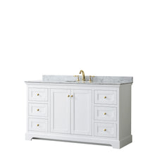 Load image into Gallery viewer, Wyndham Avery 60 Inch Single Bathroom Vanity in White, White Carrara Marble Countertop, Undermount Oval Sink, Brushed Gold Trim- Wyndham