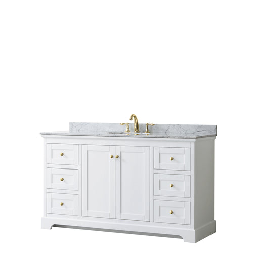 Wyndham Avery 60 Inch Single Bathroom Vanity in White, White Carrara Marble Countertop, Undermount Oval Sink, Brushed Gold Trim- Wyndham