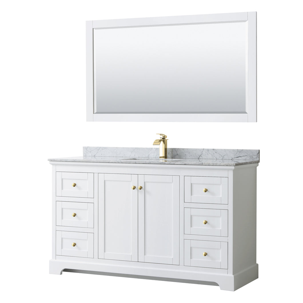 Wyndham Avery 60 Inch Single Bathroom Vanity in White, White Carrara Marble Countertop, Undermount Square Sink, 58 Inch Mirror, Brushed Gold Trim- Wyndham