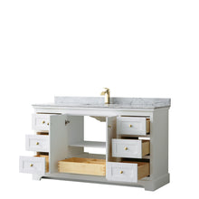 Load image into Gallery viewer, Wyndham Avery 60 Inch Single Bathroom Vanity in White, White Carrara Marble Countertop, Undermount Square Sink, Brushed Gold Trim- Wyndham