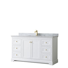 Load image into Gallery viewer, Wyndham Avery 60 Inch Single Bathroom Vanity in White, White Carrara Marble Countertop, Undermount Square Sink, Brushed Gold Trim- Wyndham