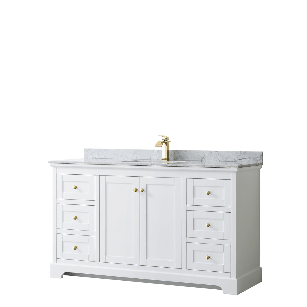 Wyndham Avery 60 Inch Single Bathroom Vanity in White, White Carrara Marble Countertop, Undermount Square Sink, Brushed Gold Trim- Wyndham