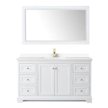 Load image into Gallery viewer, Wyndham Avery 60 Inch Single Bathroom Vanity in White, White Cultured Marble Countertop, Undermount Square Sink, 58 Inch Mirror, Brushed Gold Trim- Wyndham