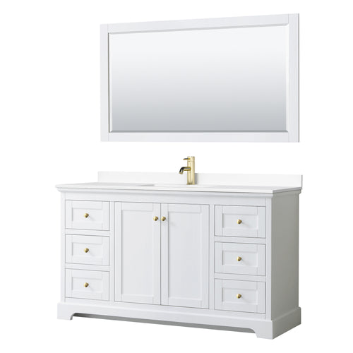 Wyndham Avery 60 Inch Single Bathroom Vanity in White, White Cultured Marble Countertop, Undermount Square Sink, 58 Inch Mirror, Brushed Gold Trim- Wyndham
