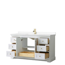 Load image into Gallery viewer, Wyndham Avery 60 Inch Single Bathroom Vanity in White, White Cultured Marble Countertop, Undermount Square Sink, Brushed Gold Trim- Wyndham