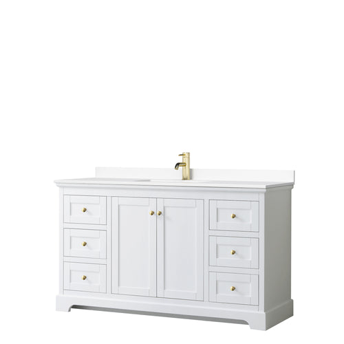 Wyndham Avery 60 Inch Single Bathroom Vanity in White, White Cultured Marble Countertop, Undermount Square Sink, Brushed Gold Trim- Wyndham
