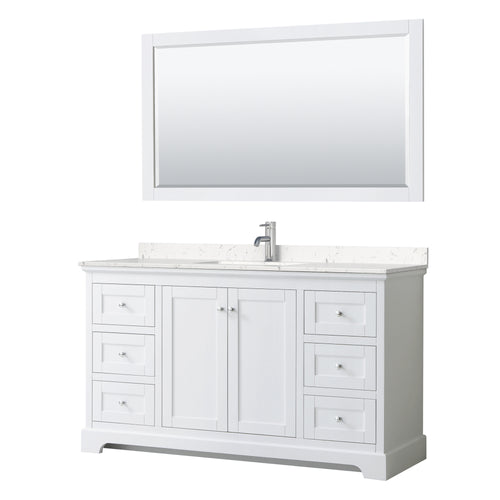 Wyndham Avery 60 Inch Single Bathroom Vanity in White, Light-Vein Carrara Cultured Marble Countertop, Undermount Square Sink, 58 Inch Mirror- Wyndham