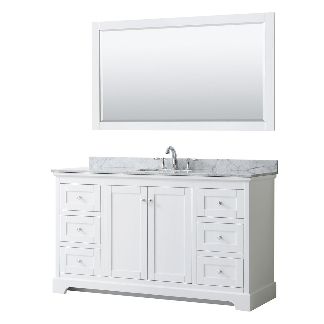 Wyndham Avery 60 Inch Single Bathroom Vanity in White, White Carrara Marble Countertop, Undermount Oval Sink, and 58 Inch Mirror- Wyndham