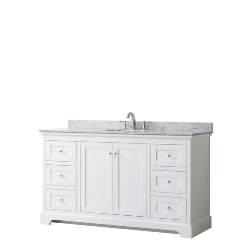 Wyndham Avery 60 Inch Single Bathroom Vanity in White, White Carrara Marble Countertop, Undermount Oval Sink, and No Mirror- Wyndham