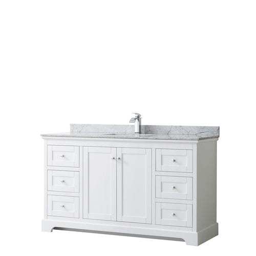 Wyndham Avery 60 Inch Single Bathroom Vanity in White, White Carrara Marble Countertop, Undermount Square Sink, and No Mirror- Wyndham
