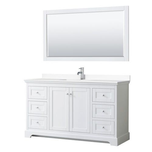 Wyndham Avery 60 Inch Single Bathroom Vanity in White, White Cultured Marble Countertop, Undermount Square Sink, 58 Inch Mirror- Wyndham
