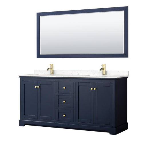 Wyndham Avery 72 Inch Double Bathroom Vanity in Dark Blue, Light-Vein Carrara Cultured Marble Countertop, Undermount Square Sinks, 70 Inch Mirror- Wyndham