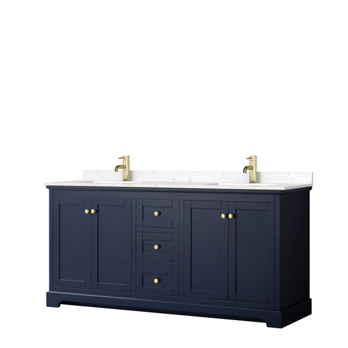 Wyndham Avery 72 Inch Double Bathroom Vanity in Dark Blue, Light-Vein Carrara Cultured Marble Countertop, Undermount Square Sinks, No Mirror- Wyndham