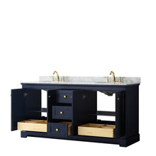 Load image into Gallery viewer, Wyndham Avery 72 Inch Double Bathroom Vanity in Dark Blue, White Carrara Marble Countertop, Undermount Oval Sinks, and No Mirror- Wyndham