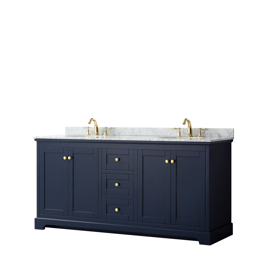 Wyndham Avery 72 Inch Double Bathroom Vanity in Dark Blue, White Carrara Marble Countertop, Undermount Oval Sinks, and No Mirror- Wyndham
