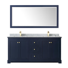 Load image into Gallery viewer, Wyndham Avery 72 Inch Double Bathroom Vanity in Dark Blue, White Carrara Marble Countertop, Undermount Square Sinks, and 70 Inch Mirror- Wyndham