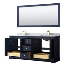 Load image into Gallery viewer, Wyndham Avery 72 Inch Double Bathroom Vanity in Dark Blue, White Carrara Marble Countertop, Undermount Square Sinks, and 70 Inch Mirror- Wyndham