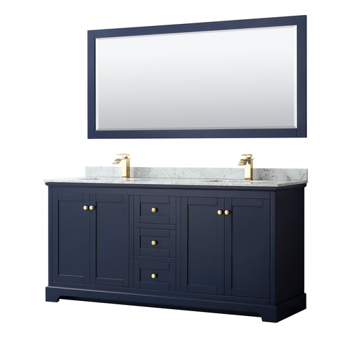 Wyndham Avery 72 Inch Double Bathroom Vanity in Dark Blue, White Carrara Marble Countertop, Undermount Square Sinks, and 70 Inch Mirror- Wyndham