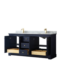 Load image into Gallery viewer, Wyndham Avery 72 Inch Double Bathroom Vanity in Dark Blue, White Carrara Marble Countertop, Undermount Square Sinks, and No Mirror- Wyndham
