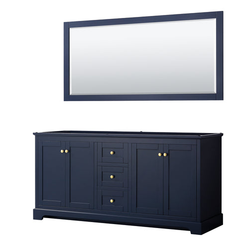 Wyndham Avery 72 Inch Double Bathroom Vanity in Dark Blue, No Countertop, No Sinks, and 70 Inch Mirror- Wyndham