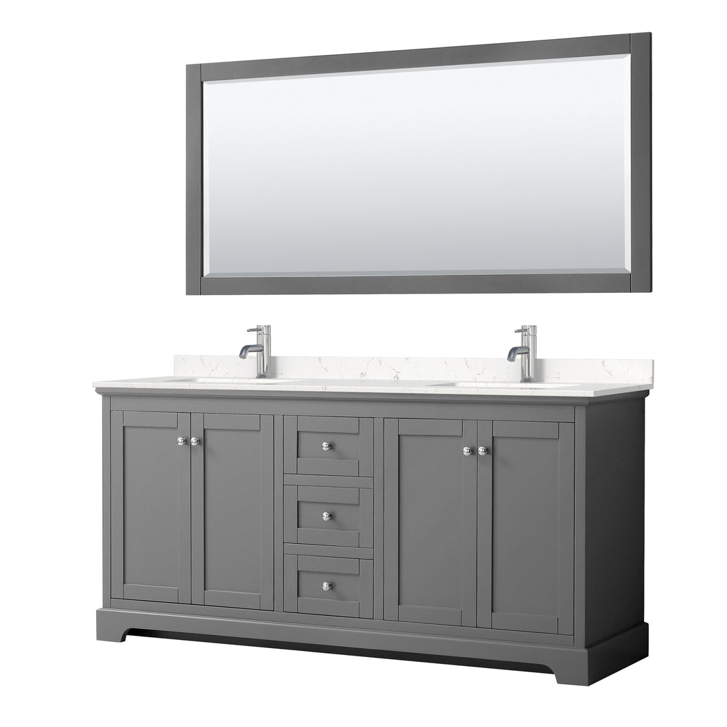 Wyndham Avery 72 Inch Double Bathroom Vanity in Dark Gray, Light-Vein Carrara Cultured Marble Countertop, Undermount Square Sinks, 70 Inch Mirror- Wyndham