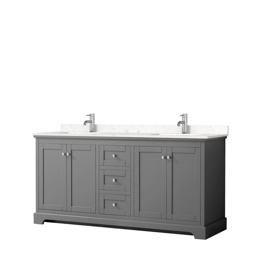 Wyndham Avery 72 Inch Double Bathroom Vanity in Dark Gray, Light-Vein Carrara Cultured Marble Countertop, Undermount Square Sinks, No Mirror- Wyndham