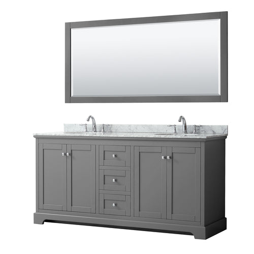 Wyndham Avery 72 Inch Double Bathroom Vanity in Dark Gray, White Carrara Marble Countertop, Undermount Oval Sinks, and 70 Inch Mirror- Wyndham