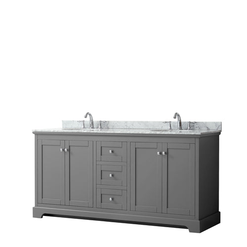 Wyndham Avery 72 Inch Double Bathroom Vanity in Dark Gray, White Carrara Marble Countertop, Undermount Oval Sinks, and No Mirror- Wyndham