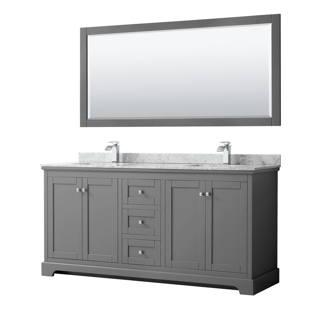 Wyndham Avery 72 Inch Double Bathroom Vanity in Dark Gray, White Carrara Marble Countertop, Undermount Square Sinks, and 70 Inch Mirror- Wyndham
