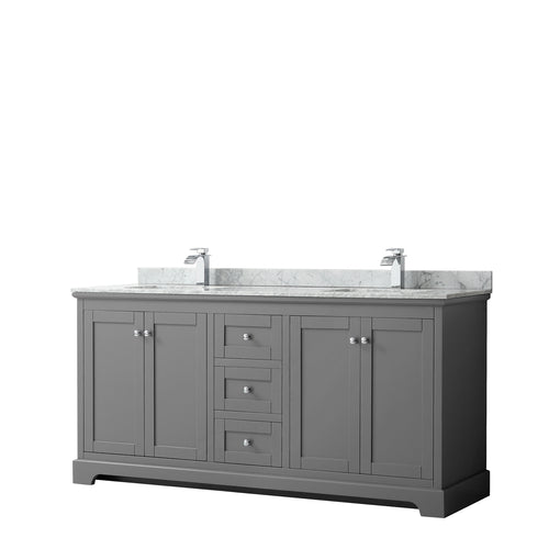 Wyndham Avery 72 Inch Double Bathroom Vanity in Dark Gray, White Carrara Marble Countertop, Undermount Square Sinks, and No Mirror- Wyndham
