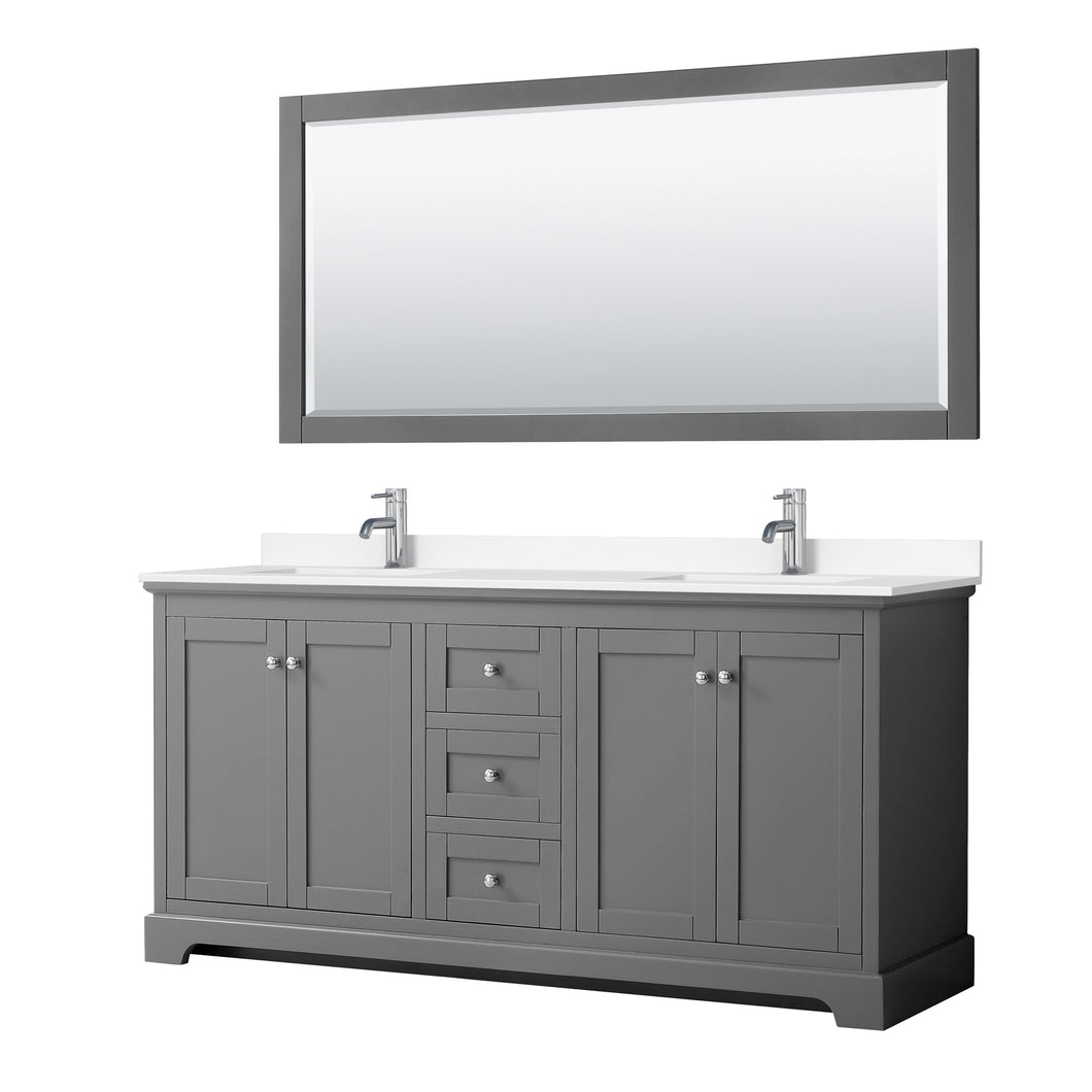 Wyndham Avery 72 Inch Double Bathroom Vanity in Dark Gray, White Cultured Marble Countertop, Undermount Square Sinks, 70 Inch Mirror- Wyndham