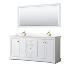 Load image into Gallery viewer, Wyndham Avery 72 Inch Double Bathroom Vanity in White, Light-Vein Carrara Cultured Marble Countertop, Undermount Square Sinks, 70 Inch Mirror, Brushed Gold Trim- Wyndham