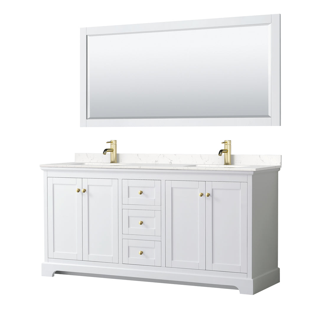 Wyndham Avery 72 Inch Double Bathroom Vanity in White, Light-Vein Carrara Cultured Marble Countertop, Undermount Square Sinks, 70 Inch Mirror, Brushed Gold Trim- Wyndham