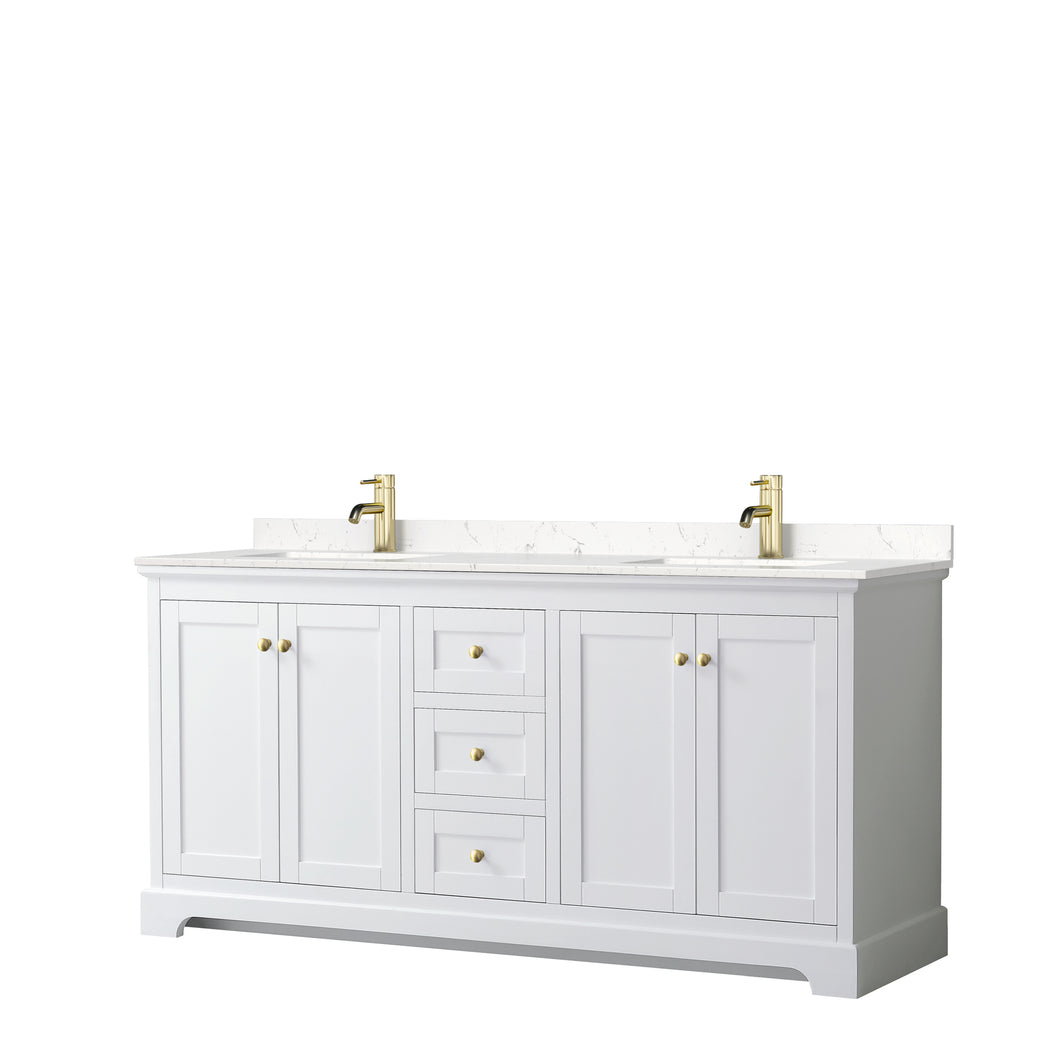 Wyndham Avery 72 Inch Double Bathroom Vanity in White, Light-Vein Carrara Cultured Marble Countertop, Undermount Square Sinks, Brushed Gold Trim- Wyndham