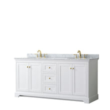 Load image into Gallery viewer, Wyndham Avery 72 Inch Double Bathroom Vanity in White, White Carrara Marble Countertop, Undermount Oval Sinks, Brushed Gold Trim- Wyndham