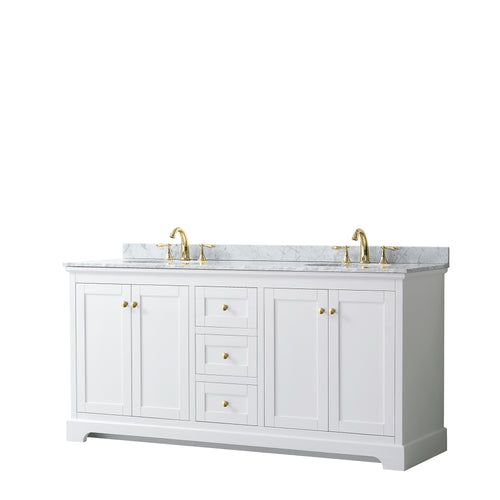 Wyndham Avery 72 Inch Double Bathroom Vanity in White, White Carrara Marble Countertop, Undermount Oval Sinks, Brushed Gold Trim- Wyndham