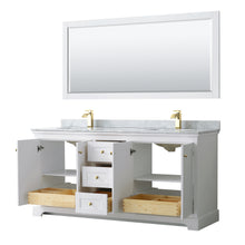 Load image into Gallery viewer, Wyndham Avery 72 Inch Double Bathroom Vanity in White, White Carrara Marble Countertop, Undermount Square Sinks, 70 Inch Mirror, Brushed Gold Trim- Wyndham