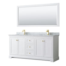 Load image into Gallery viewer, Wyndham Avery 72 Inch Double Bathroom Vanity in White, White Carrara Marble Countertop, Undermount Square Sinks, 70 Inch Mirror, Brushed Gold Trim- Wyndham
