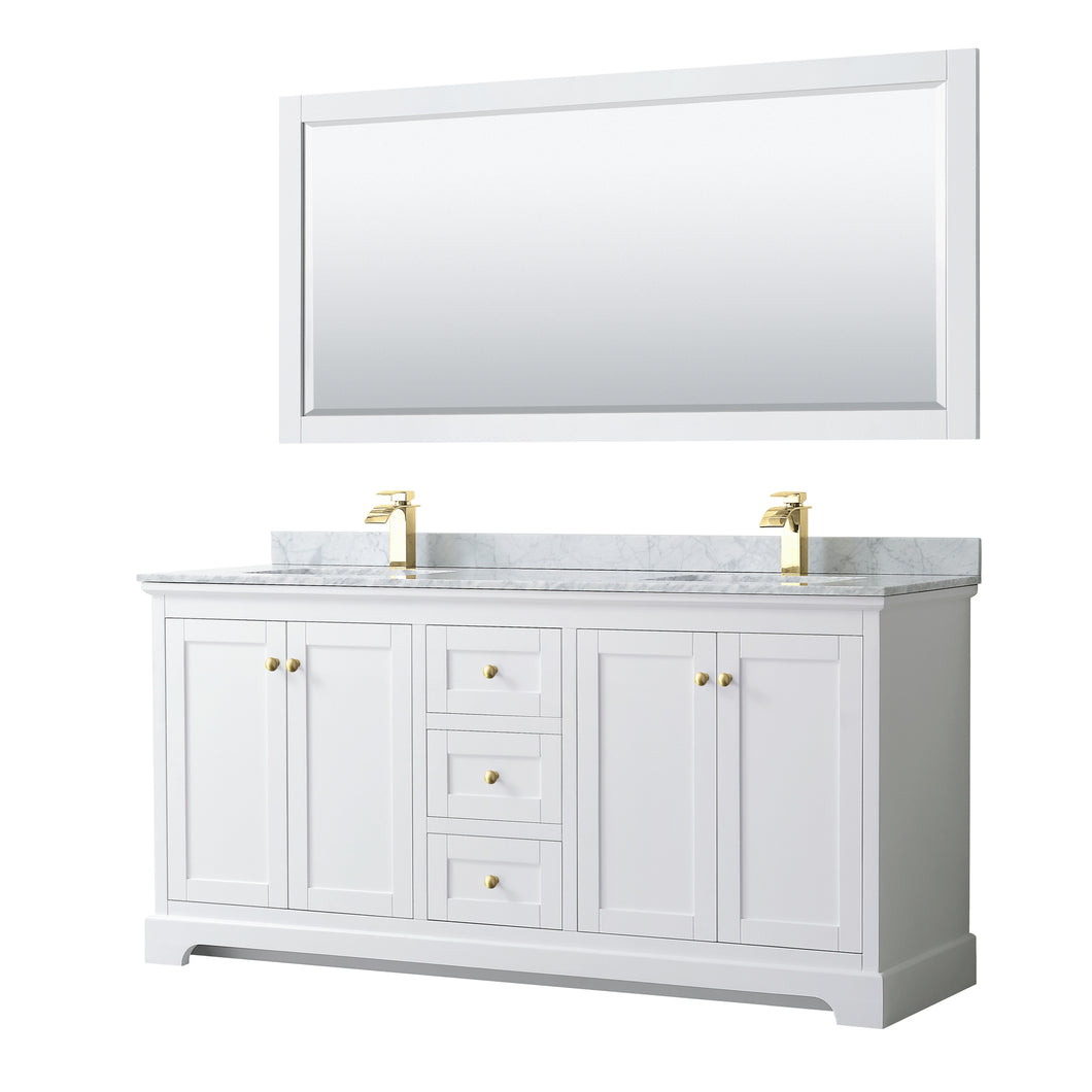 Wyndham Avery 72 Inch Double Bathroom Vanity in White, White Carrara Marble Countertop, Undermount Square Sinks, 70 Inch Mirror, Brushed Gold Trim- Wyndham