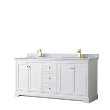 Load image into Gallery viewer, Wyndham Avery 72 Inch Double Bathroom Vanity in White, White Carrara Marble Countertop, Undermount Square Sinks, Brushed Gold Trim- Wyndham