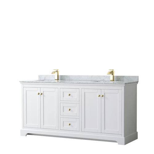 Wyndham Avery 72 Inch Double Bathroom Vanity in White, White Carrara Marble Countertop, Undermount Square Sinks, Brushed Gold Trim- Wyndham