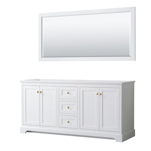 Wyndham Avery 72 Inch Double Bathroom Vanity in White, No Countertop, No Sinks, 70 Inch Mirror, Brushed Gold Trim- Wyndham