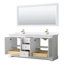 Load image into Gallery viewer, Wyndham Avery 72 Inch Double Bathroom Vanity in White, White Cultured Marble Countertop, Undermount Square Sinks, 70 Inch Mirror, Brushed Gold Trim- Wyndham