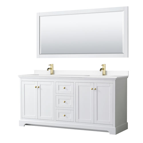 Wyndham Avery 72 Inch Double Bathroom Vanity in White, White Cultured Marble Countertop, Undermount Square Sinks, 70 Inch Mirror, Brushed Gold Trim- Wyndham